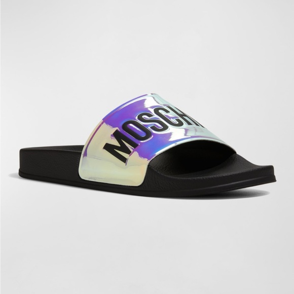 Moschino Men’s Oil-Slick Logo Rubber Pool Slides - Picture 3 of 5